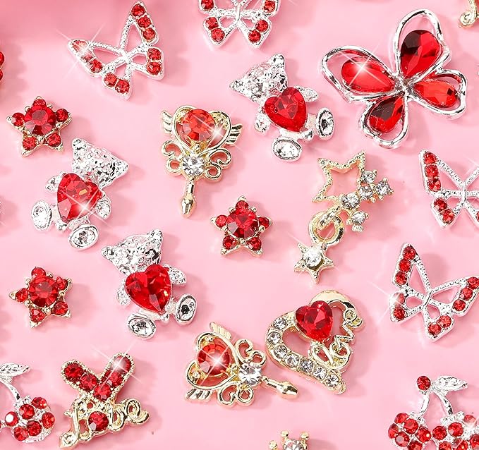 24PCS Red Nail Charms Y2k Alloy Nail Art Rhinestone Charms 3D Heart Star Sailor Moon Nail Charms with Rhinestones Bear Cherry Nail Gems Shiny Jewelry Nail Decorations Supplies C
