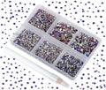 Bymitel 7200 Pieces 6 Mixed Sizes Glue Fix on Glass Rhinestones Round Crystal Gems Flatback for DIY Jewelry Making with one Picking Pen(6-Sizes 7200PCS, Purple Velvet)