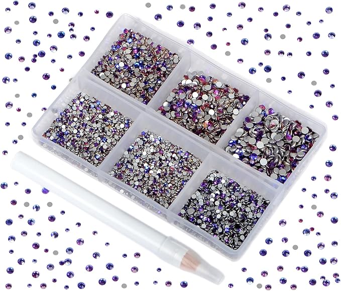 Bymitel 7200 Pieces 6 Mixed Sizes Glue Fix on Glass Rhinestones Round Crystal Gems Flatback for DIY Jewelry Making with one Picking Pen(6-Sizes 7200PCS, Purple Velvet)