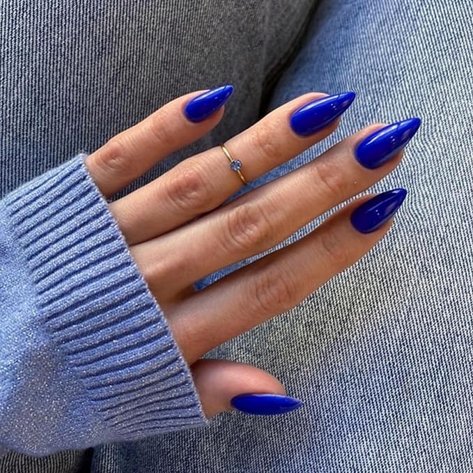 Royal Blue Press on Nails Almond Shaped 48Pcs Neutral Thick Fake Nails for Women, Medium Almond Nails Press on Reusable Acrylic Nails Glue on Medium Length Stiletto False Nails Gel Artificial Nails