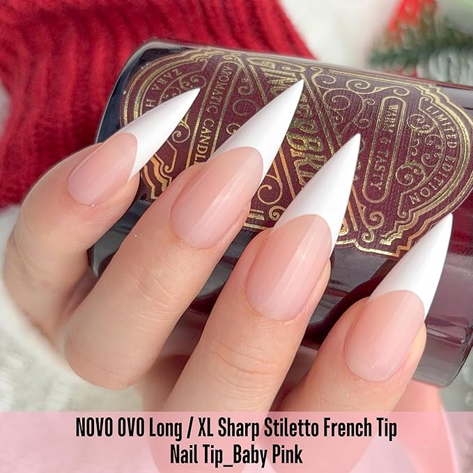 NOVO OVO White French Tip Long XL Sharp Stiletto Nail Tips Press on BABY PINK, Soft Gel Double Matte Fake Nail Extension, Full Cover False Nails for Acrylic DIY x 16 Sizes 160 pcs