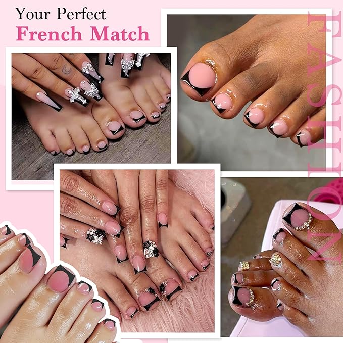 Toenail Press Ons French Tip, Berry Pink Black Elegant False Toe Nail Extension 15 Sizes 270 Pcs Sharp Square Acrylic Tips Pre-applied Nail Primer & Base Coat Full Cover for DIY Home 2025 Summer