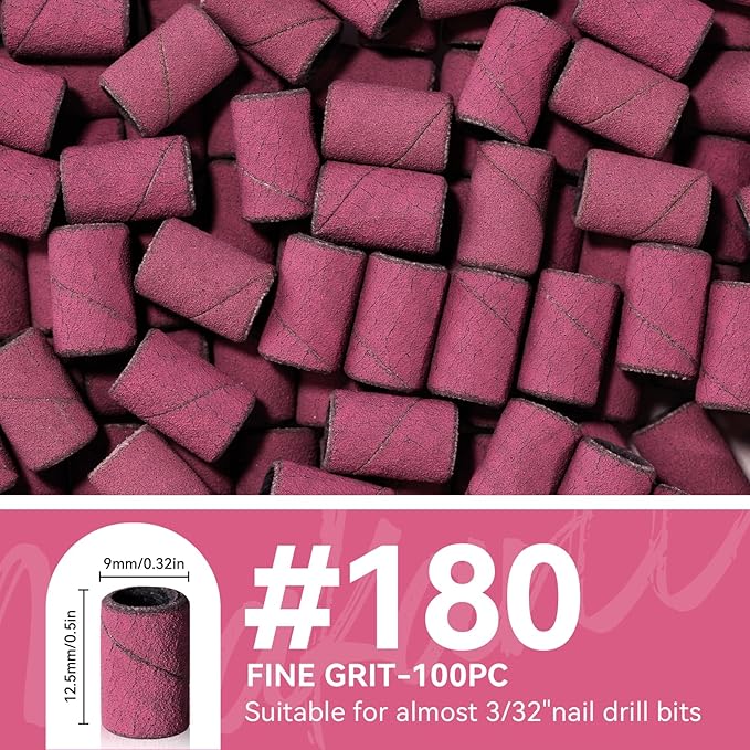 Makartt Sanding Bands for Nail Drill - 100 Pcs Nail File Sanding Bands for Drill Bits #180 Medium Grits for Acrylic Nails Gel Removing and Shaping, Upgrade Thicker Durable Sanding Drill Bit, Pink