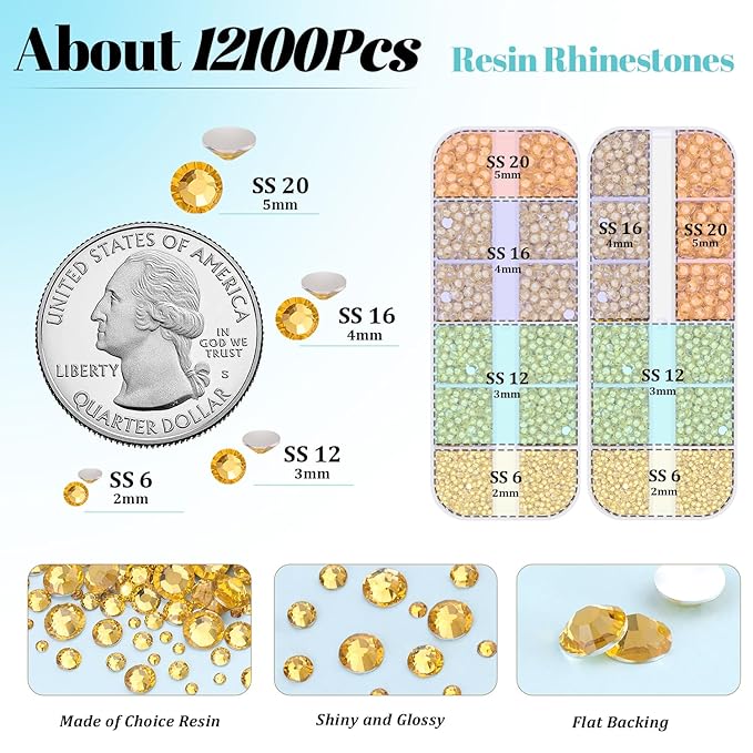 12100Pcs Resin Rhinestones for Crafting with 3Pcs 10ml B7000 Jewelry Glue, 2 Boxes Flatback Crystals Diamond (Golden Yellow) for Bedazzling Crafts DIY Nail Art, Gems for Clothing Shoes