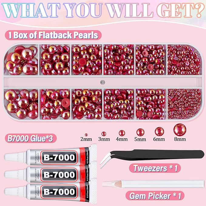 Flatback Pearls for Crafting with 3Pcs 10ml B7000 Jewelry Glue, 1 Box of Half Round Red AB Pearls, Bedazzling Beads for DIY Crafts Clothing Tumblers Shoes Embellishment Nail Art