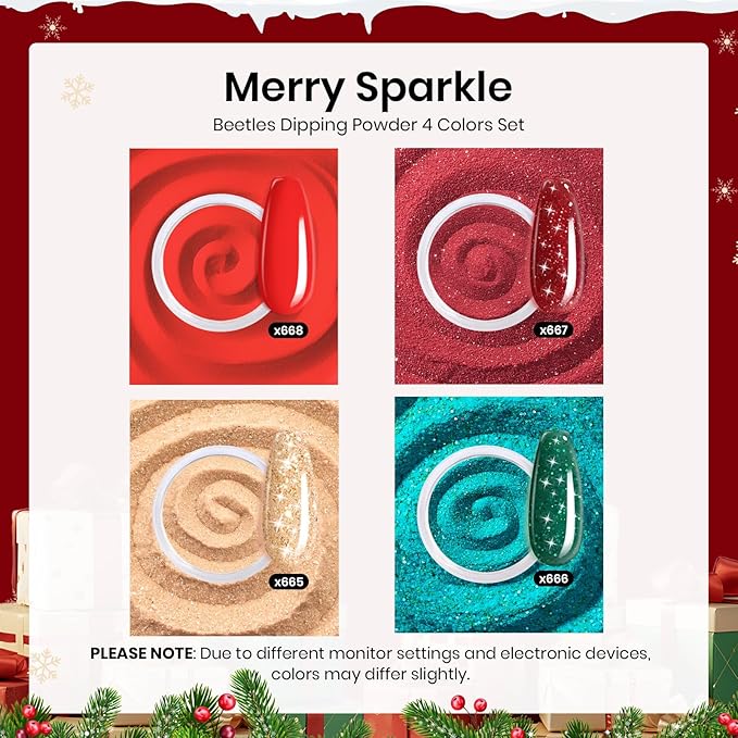 Beetles Christmas Dip Powder Nail Kit, Winter Colors Red Green Glitter Golden Dipping Powder with Liquid Set and Tools for French Nail Art, Easy DIY Home Manicure Salon Merry Sparkle Collection