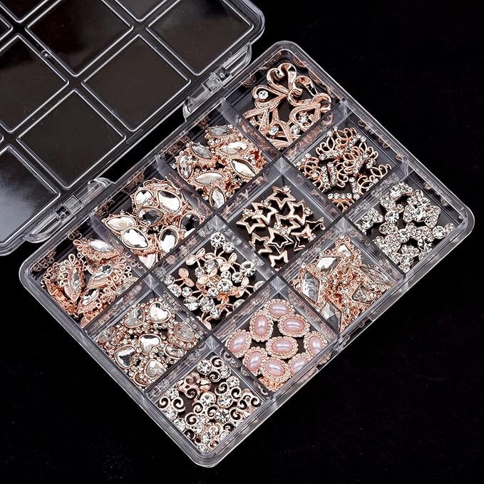 120pcs Rose Gold Nail Rhinestone Charms 3d Heart Gems Alloy Nail Art Jewelry Star Crown Crystal Rhinestone Nail Studs Shining Cherry Stone Jewels for Y2k Women Girl Acrylic Nails Design DIY Crafts Set