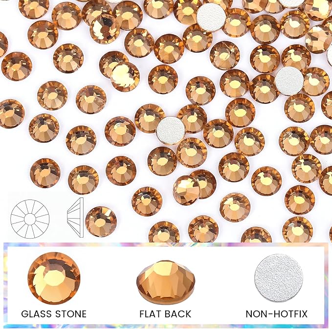 Novani Brown Rhinestones Flatback Rhinestones Glass Nail Gems Stones Jewels Round Gemstones Non-Hotfix Crystal,SS8,1440 Pieces,Topaz