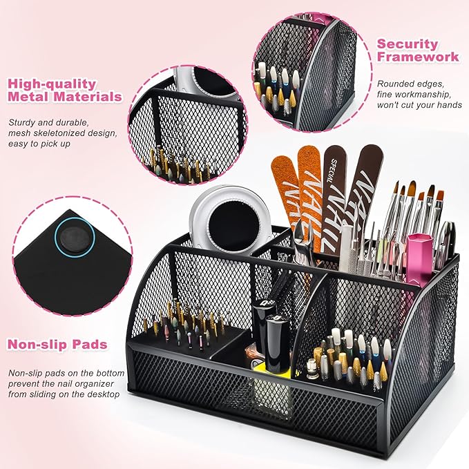 CGBE Nail Drill Bits Holder: 60 Holes Professional Drill Bit Holder for Nails - Mesh Metal Nail Tools Organizer Display Case - Nail Desk Organizer for Nail Tech - Black (Not Included Nail Drill)