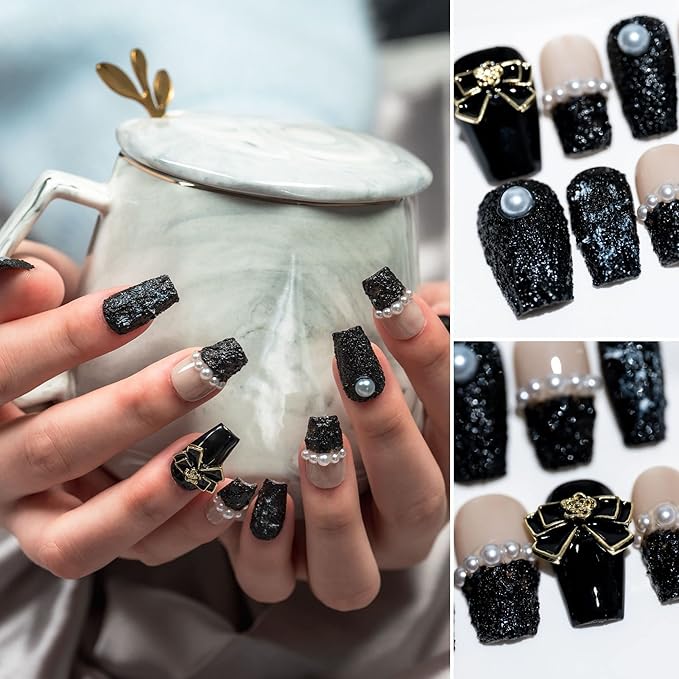 Sun&Beam Nails Handmade Short Medium Coffin Ballerina Black False Nail Tips with Cute 3D Pearl Popular Charm Design Press On Nails 10 Pcs (#61 XS)