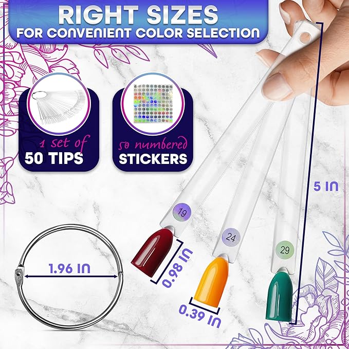 50 Pcs Clear Nail Swatch Sticks - Transparent Acrylic Swatches for Gel Polish - Practical Tools for Color Matching with Numbered Tips & Metal Ring | Works with Charms and Nail Art Striping Tape Lines