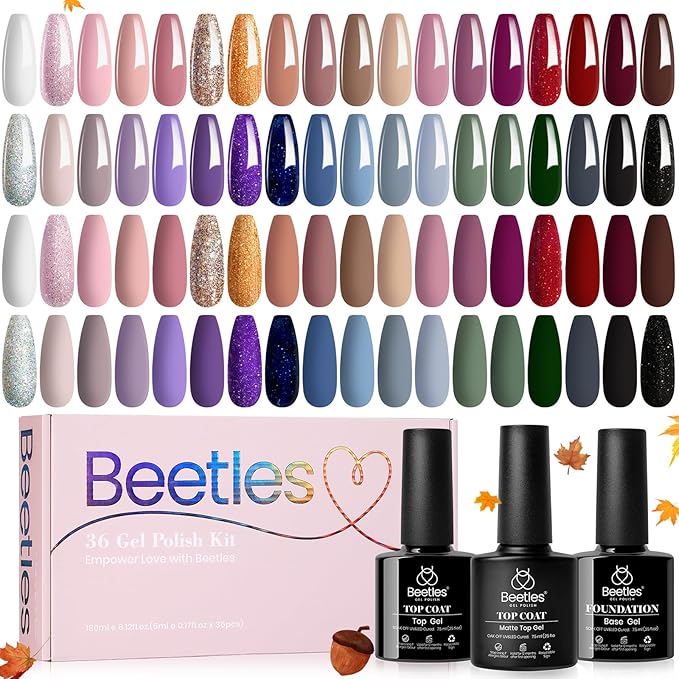 Beetles Gel Nail Polish Set 36 Colors Nail Gel Polish Kit Burgundy Red Blue Green Brown Gold Glitter Pink with Base Top Coat UV LED Needed Manicure Gifts for Women Neutral Elegance