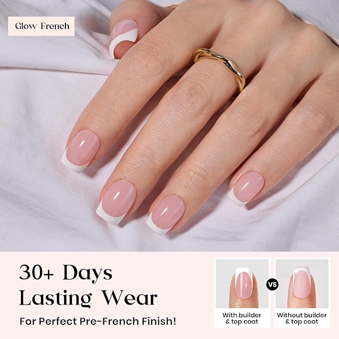 Beetles X Press Plus Gel Nails Kit - Glow French | Pink Short Square French Tip Press On Nails | 150Pcs 15 Sizes All-in-One Kit With Nail Glue,Remover,Builder Top Coat,Nail Lamp Gift For Women