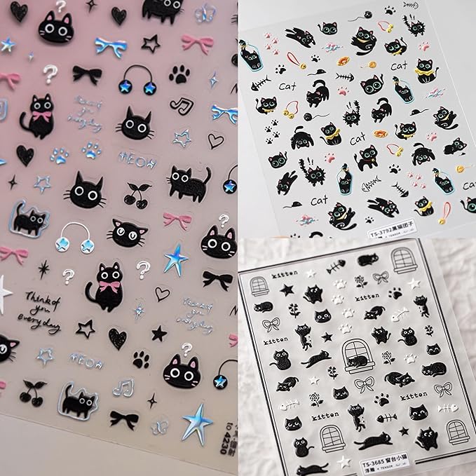 Dedyel 5D Embossed Cute Cat Nail Art Stickers Cartoon Kawaii Design Anime Self Adhesive Nail Stickers for Women Kids Girls Nails Art Decorations