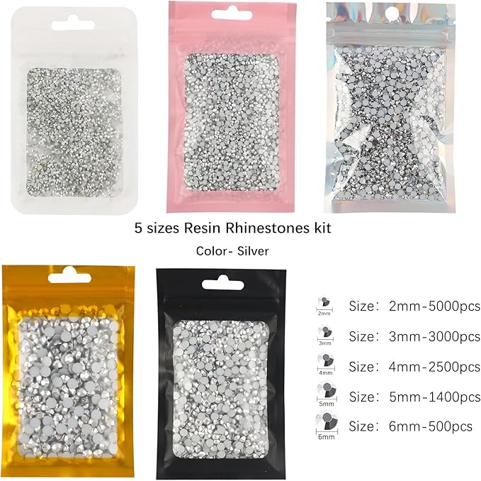 2mm 3mm 4mm 5mm 6mm 5 Packs Silver Color Resin Rhinestone,Flat Back Jelly AB Resin Rhinestones Loose Bling Glitter Diamond Stone for Nails, Tumblers, Mugs, Bottles, Craft Decoration