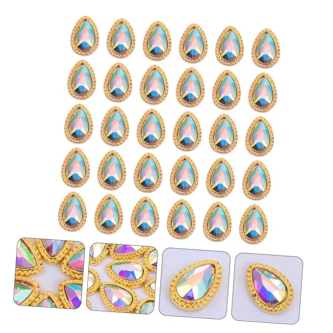Beaupretty 30Pcs Crystal Nail Art Rhinestones 3D Glitter Waterdrop Oval Nail Gems Stone DIY Jewelry Flat Back Nail Studs Manicure Stickers for Nail Decor Phone Charms
