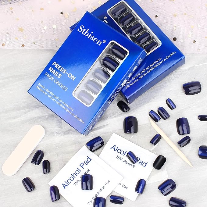 Dark Blue Press On Nails Square – Short Cat Eye Fake Nails with Color-Shifting Glow, Reusable Stick On Nails, 15 Sizes, 30 Nail Kit with Glue, Thick Glue On Nails for Women, M1-Midnight Mirage