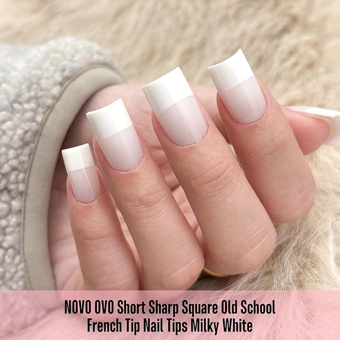 NOVO OVO Short Sharp Square Tip Nail Tips Press on Milky White, Thick Old School Wide White French NEED Builder Gel Top Coat Nail Glue, Soft Gel Full Cover Fake Nail Extension for DIY x 15 Size 240 pc