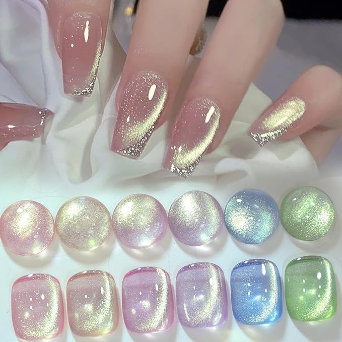 Born Pretty Cat Eye Magnetic Gel Nail Polish Shimmer Glitter Holographic Aurora Spring Summer Pink Green Blue Translucent Gel Polish Set Manicure Nail Art DIY at Home