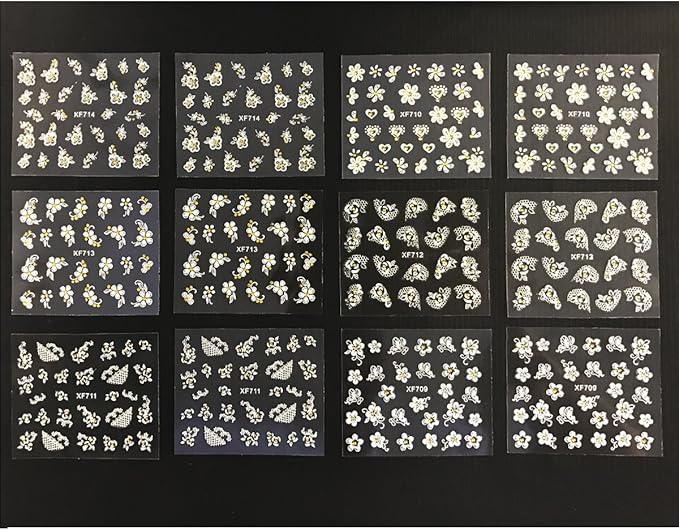 Wrapables A70194_a White with Gold Rhinestones Nail Art Stickers 3D Nail Decals (50 Sheets), Flowers, Bows, & Butterflies Nail Art Stickers (50 Sheets), Floral Rhinestones