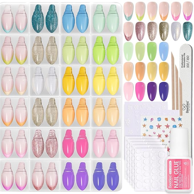 Beetles Press On Nails Kit - Chromatic Reverie | 720Pcs 24 Colors Short Almond Press On Nails | 15 Sizes French Glossy Glitter With Nail Glue & Nail Tabs Stickers, Fake Nails Kit Art For Women
