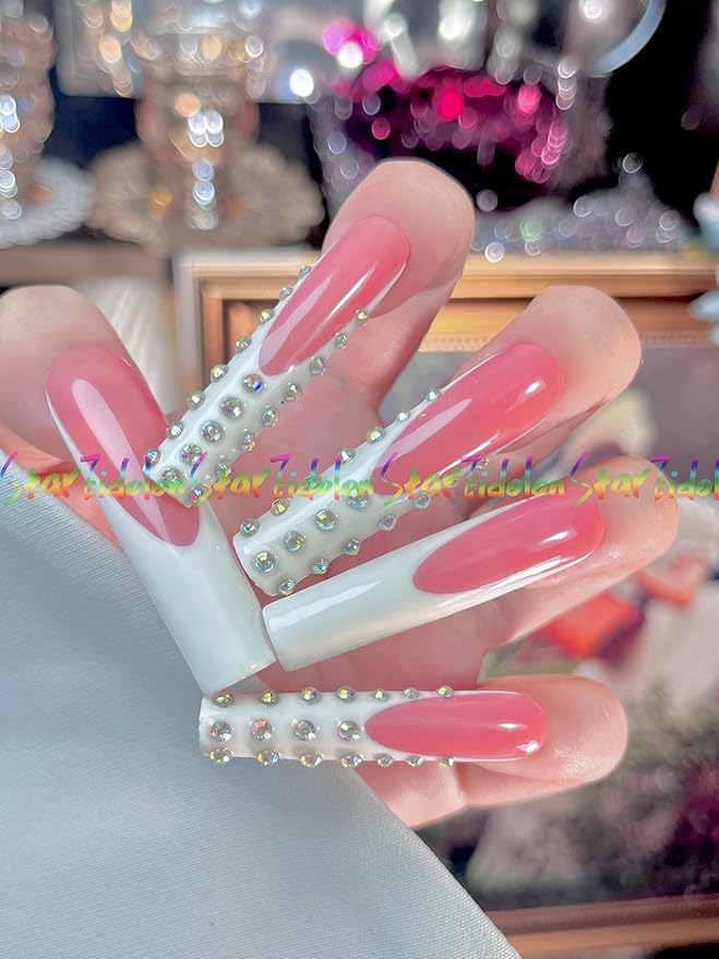 HAND-PAINTED White Press Ons Neon Small Press on Nails Long French Press on Nails Coffin Medium Short Nail art Fake Nail Art Kit with 7g Glue on Nails Handmade Almond Square Nails (Small, J1)