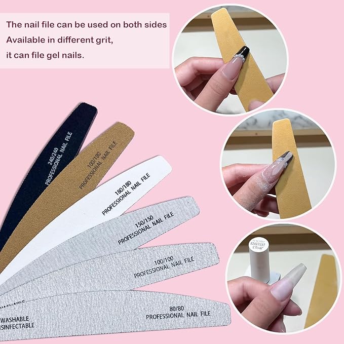 6PCS Nail Files Professional Double Sided 80/100/150/180/240 Grit Nail Files Emery Board White/Black/Gray Nail Kits Manicure Pedicure Tool & Nail Buffering Files for Home and Salon Use