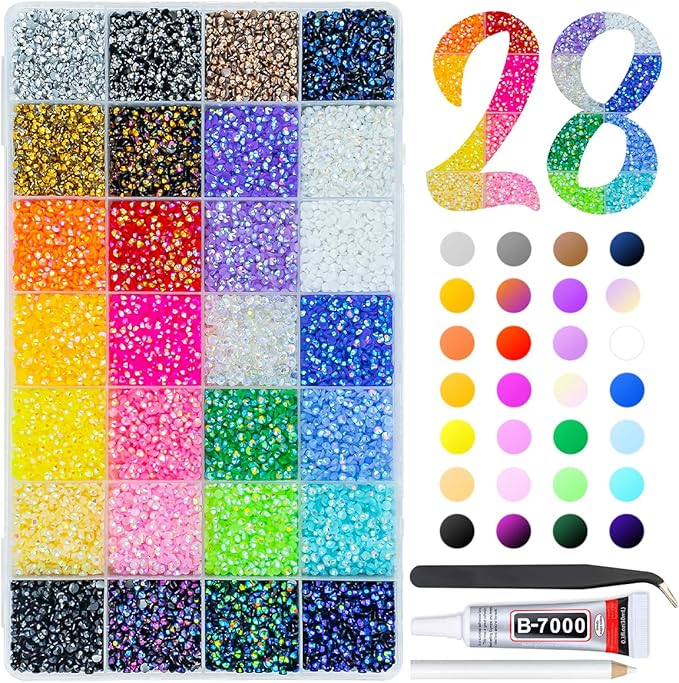28 Color 3mm Jelly Resin Rhinestones w B7000 Glue for Bedazzling Crafting Flatback Stones Colorful AB Gems Diamonds Bedaazler Kit Charms for Nails Eyes Face Makeup Tumblers Bottles DIY Crafts
