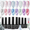 MIZHSE Cat Eye Gel Nail Polish, 8 Colors Velvet Magnetic Gel Polish Kit with Magnet Stick, Holographic Glitter Smoothie Winter Colors Silver Purple Pink Soak Off Nail Art Salon Home Manicure Gift