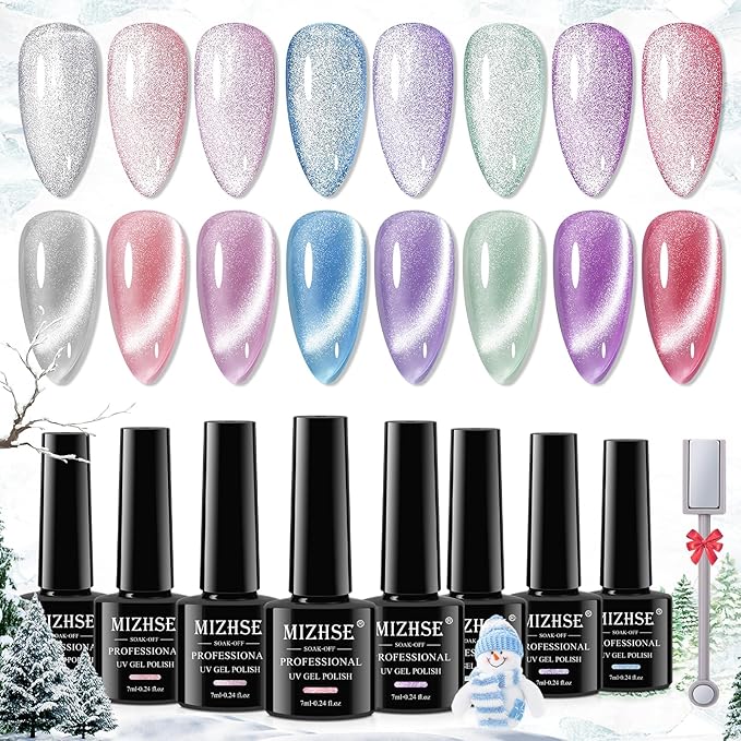 MIZHSE Cat Eye Gel Nail Polish, 8 Colors Velvet Magnetic Gel Polish Kit with Magnet Stick, Holographic Glitter Smoothie Winter Colors Silver Purple Pink Soak Off Nail Art Salon Home Manicure Gift