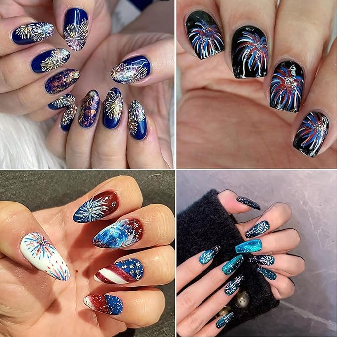 6Sheets Firework Nail Stickers Decal Aurora Fireworks Nail Art Stickers, 3D Self-Adhesive Romantic Starry Sky Sparkling Fireworks Manicure Supplies for Women DIY Holiday Manicure Decoration