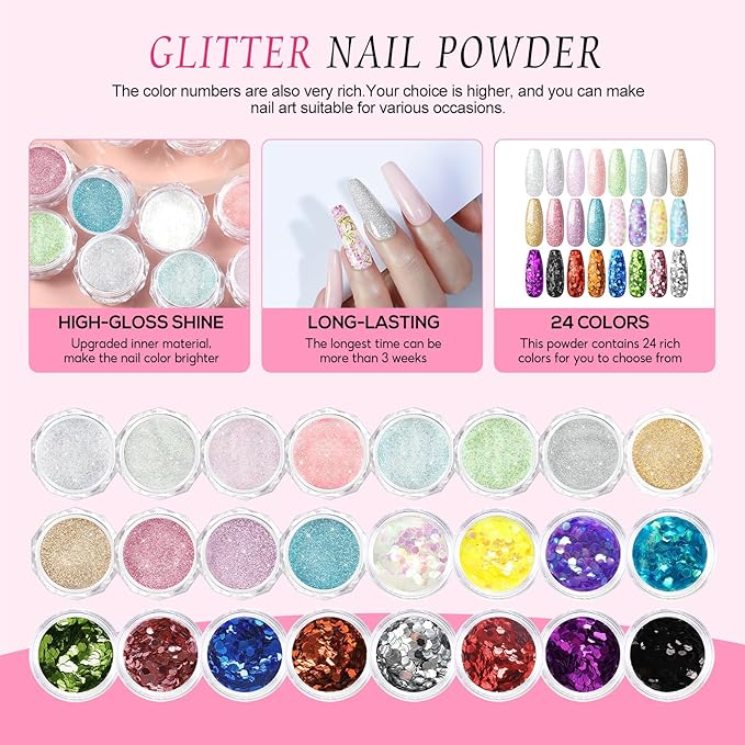 Acrylic Nail Kit with Drill and U V Light, Professional Nail Kit Acrylic Set for beginners with Everything 3PC Powder 24PC Glitter Fake Tips Decoration Nails Set DIY Home Salon