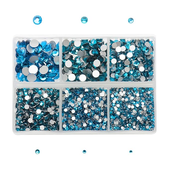AD Beads 4300 Pieces Flat Back Nail Art Rhinestones Round Beads 6 Sizes (2-6.5mm) with Storage Organizer Box,Rhinestones Picking Pen for Nail Art Phone Decorations Crafts DIY (Blue Zircon)