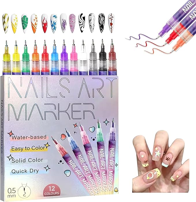 12 Colors Nail Art Pens Set – 0.5mm Fine Tip Nail Art Markers & Quick-Dry Nail Polish Pens for DIY Nail Art, Manicure, Salon Drawing, Dotting & Painting (12 PCS)