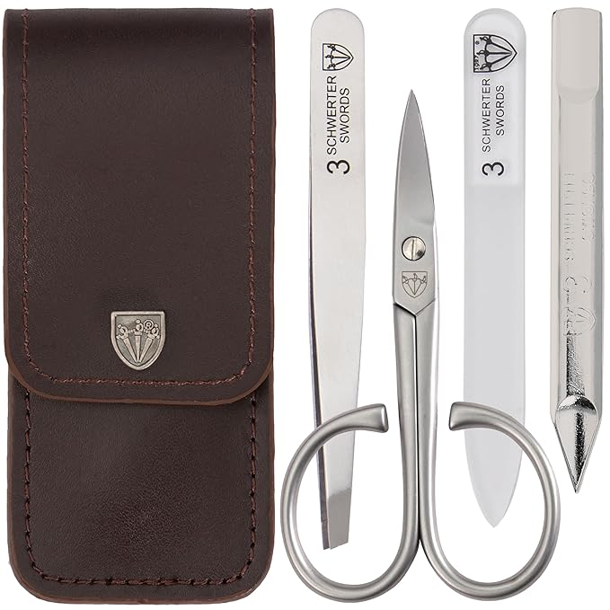 3 Swords Germany - brand quality 3 piece stainless steel INOX manicure pedicure grooming kit set for professional finger & toe nail care scissors file tweezers genuine leather case in gift box (03874)