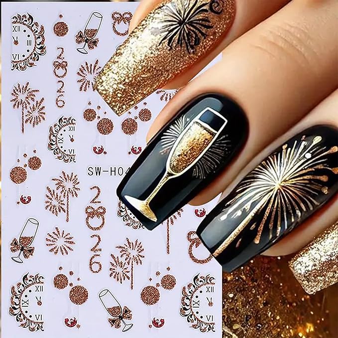 6Pcs Christmas Nail Art Stickers Decals 2026 New Year Fireworks Clock Nail Design Stickers Winter Xmas Nail Art Supplies 3D Self Adhesive Glitter Nail Decals Holiday Manicure Accessories for Women