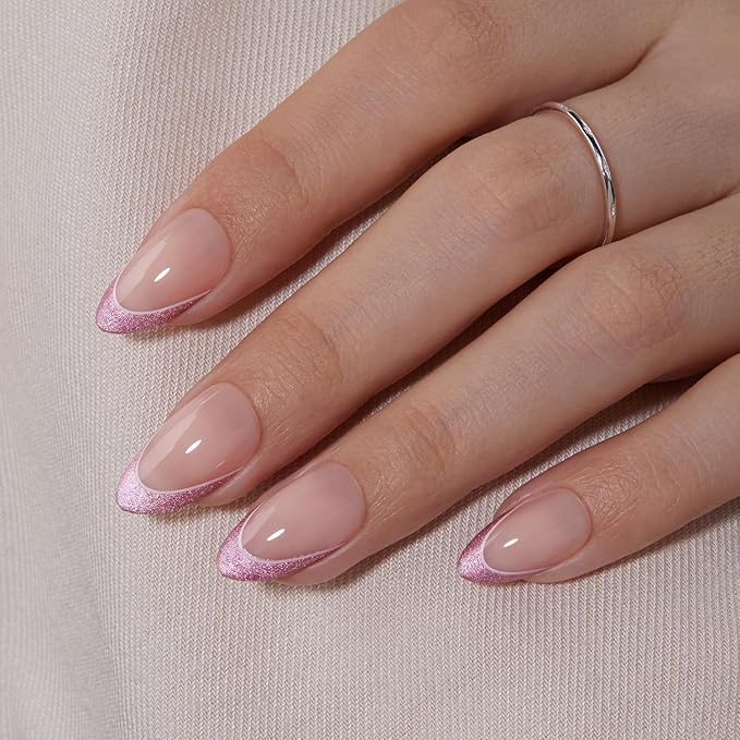 VSALON Press On Nails Short Almond, Hot Pink French Tip Glitter Nails, Salon Quality Opaque Soft Gel Fake Nails Kit - 32 PCS Stick on Nails in 16 Sizes with Glue & Cuticle Oil