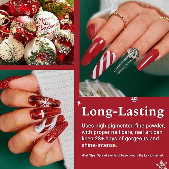 AZUREBEAUTY Christmas Dip Powder Nail Kit, 4 Colors Red Green Gold Glitter Dipping Powder System Liquid Set Recycling Tray, French Nail Art Base & Top Coat Activator DIY Salon.