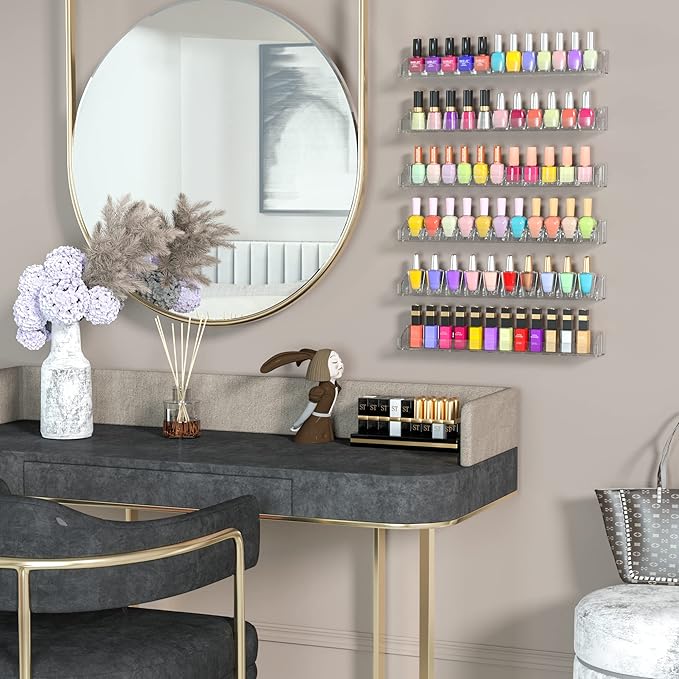 15 Inch Acrylic Nail Polish Rack for Wall Set of 6, Wall Mounted Nail Polish Display Rack with End Caps, Nail Oranizer and Storage for Nail Tech, Hold Up to 90 Bottles (15 Inch)