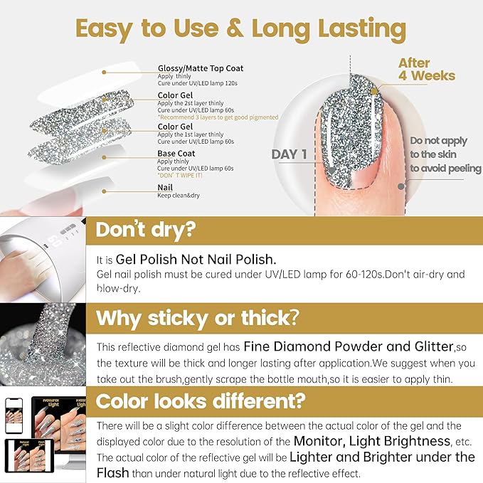 YTD Likomey Reflective Glitter Gel Nail Polish,15ml Silver Flash Diamond Shimmer Nails Gel,Sparkly Shiny Salon Home Fall Winter Manicure UV Color Varnish,SZ003