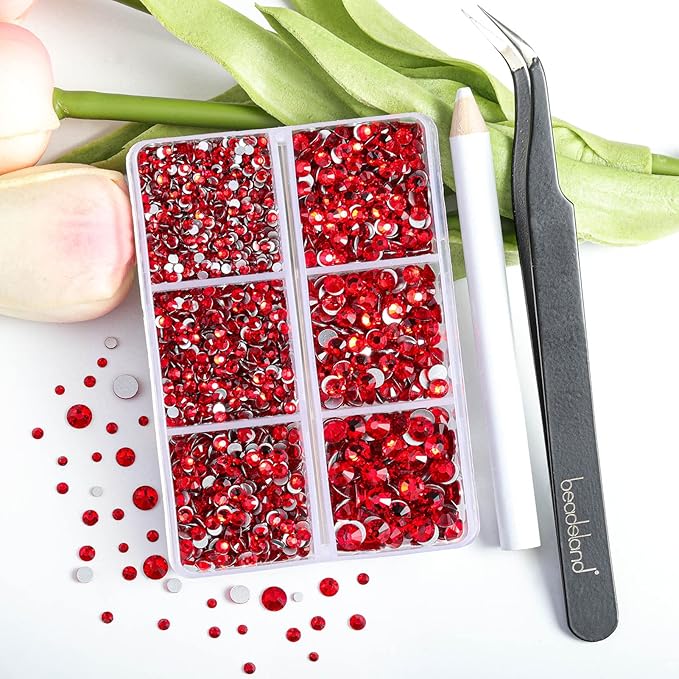 Beadsland 4300pcs Flatback Rhinestones,Light Red Rhinestone Nail Gems Round Crystal Rhinestones for Crafts,Mixed 6 Sizes with Picking Tweezers and Wax Pencil Kit, SS6-SS20,Light Siam