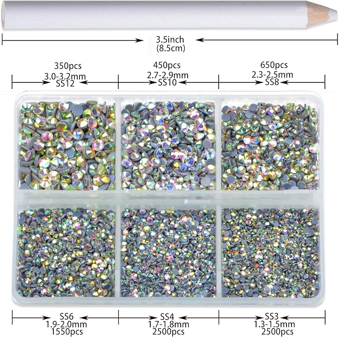 8000pcs Hotfix Rhinestones Flatback,Rhinestones for Crafts Clothes Mixed 6 Sizes, Hotfix Crystals with Wax Pencil Kit, SS3-SS12,Clear AB