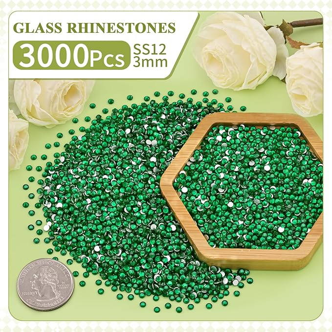 3000PCS SS12/3mm Crystal Rhinestones (Emerald Green) with 2Pcs 10ml B7000 Jewelry Glue, Bedazzling Flatback Glass Rhinestones for Crafting, Gems Diomand Charms for Tumbler Shoes Clothing Mugs Nail Art
