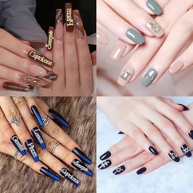 48 Pieces Gold and Silver Alloy Zodiac Nail Charms Zodiac Signs Nail Studs Constellation Words Charms for Nails Twelve Constellation Nail Charms Set for Women Girls Nail Art Decoration