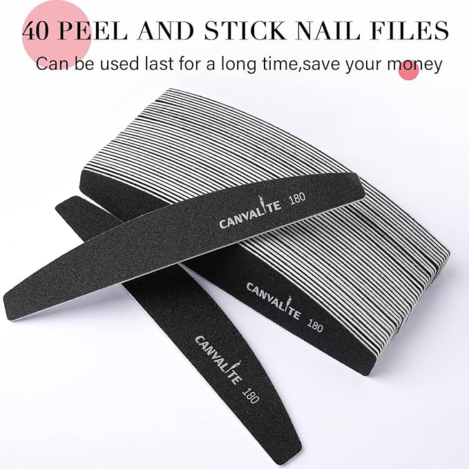Canvalite 40 PCS Nail File Professional Reusable Peel and Stick Nail Files Replaceable Emery Boards 180 Grit Fingernail Files Manicure Tools for Home and Salon Use