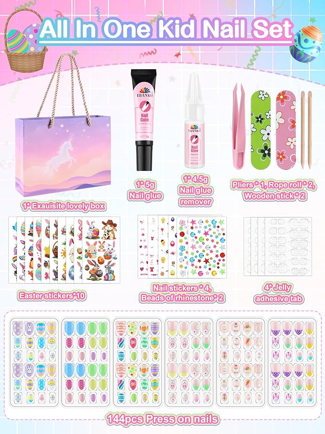 EBANKU Easter 144 Pcs Press on Nail Kids Gift Box, 6 Pack Rabbit Kid Flase Nails Kit with Nail Glue Set Fake Nail for Girls 5-10 Years Gift Set