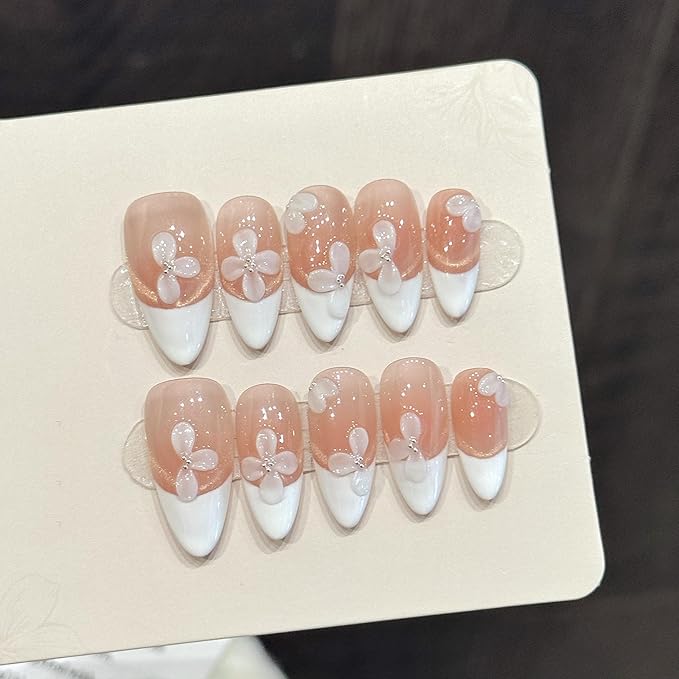 handmade nails press on Salon Quality cute white flower French bridal Reusable almond hand-painted gentle acrylic 3D fake nails designed kit,10 Nails, Size M #556