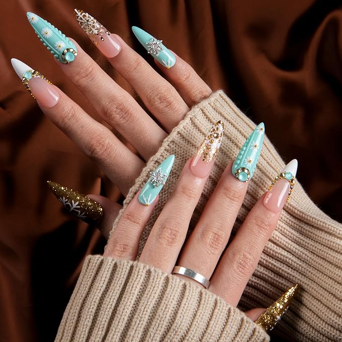 LOVFUL Short French Tip Press on Nails Gilded Snowfall | Handmade Acrylic Press ons| Reusable Fake False Nails | Stiletto Classic Regular 1.3in | H739-L