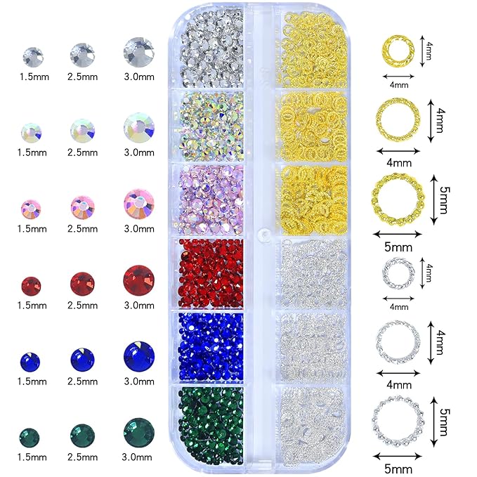 HNUIX Nail Beads - 3D Multiple Size, Mix Colors, Flat Back, Rhinestones for Nails, Gold & Silver, Charms Studs, Round, with Kit, for Nail Art