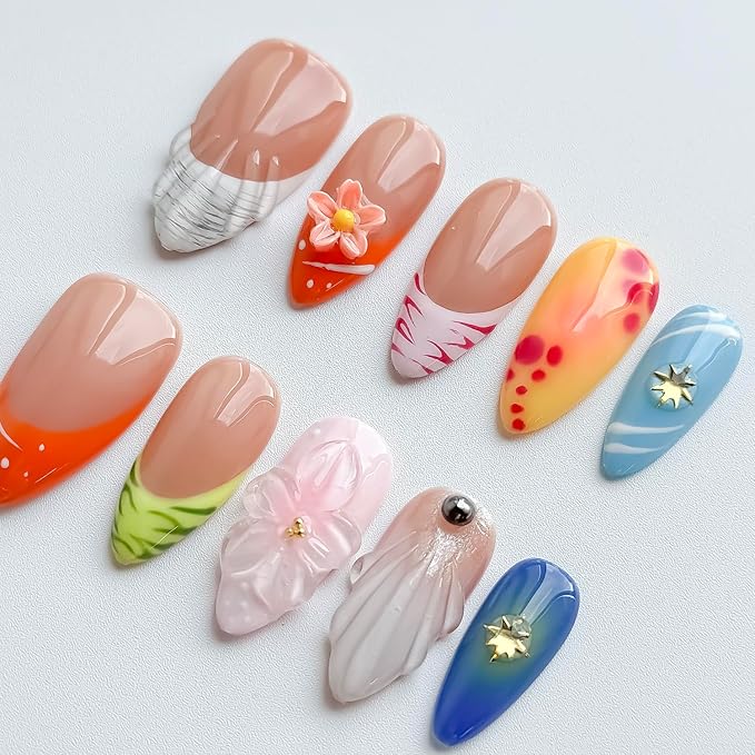 Luxury Press on Nails Medium Almond Handmade 3D Unique Reusable ABS Material Fake Nails French Tip False Nails with Designs Floral Shell Summer Glossy Glue on Nail Thick Acrylic Nail(S)